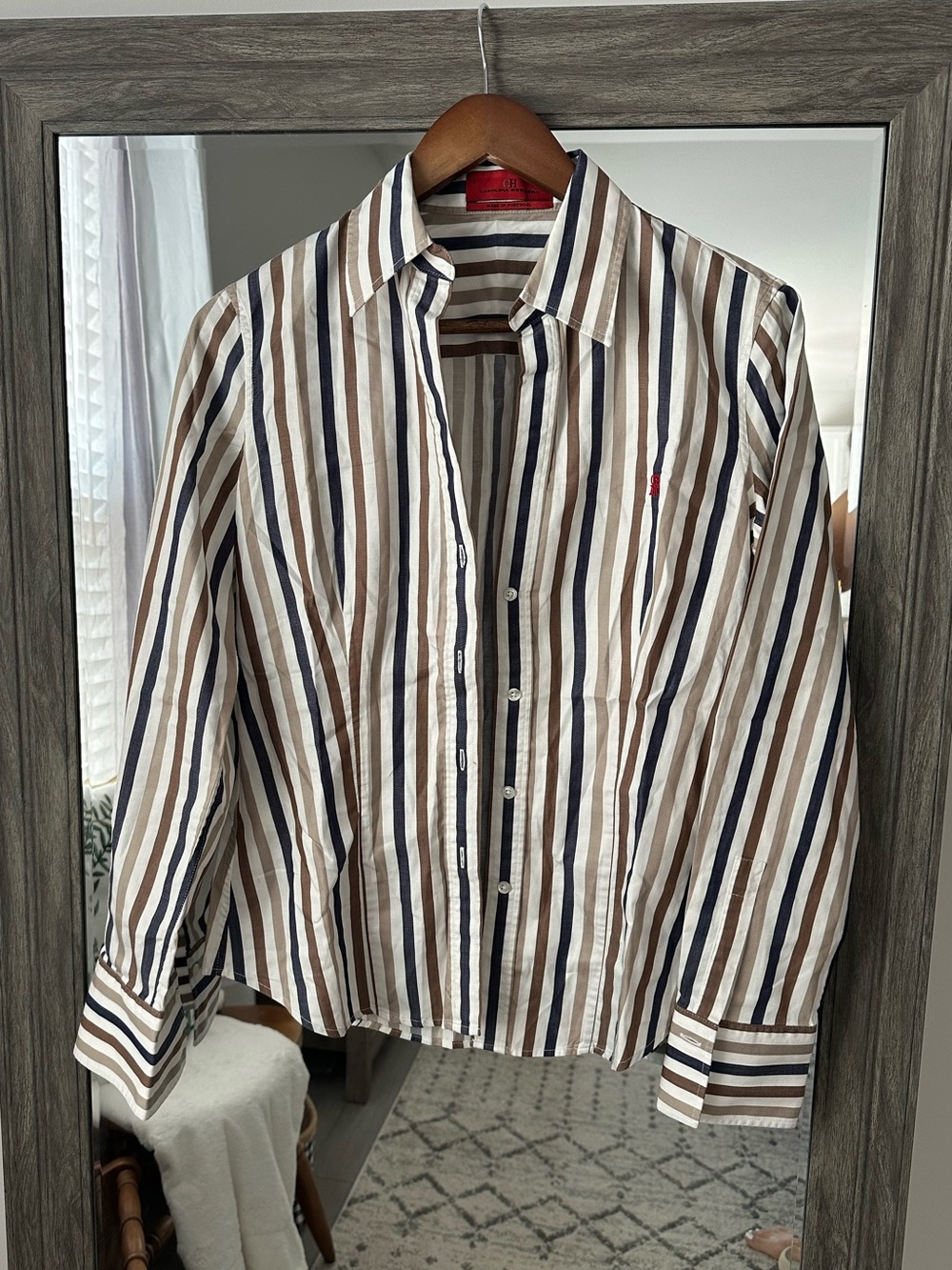 Carolina Herrera Womens Striped Button-Up Shirt in White, Brown & Navy